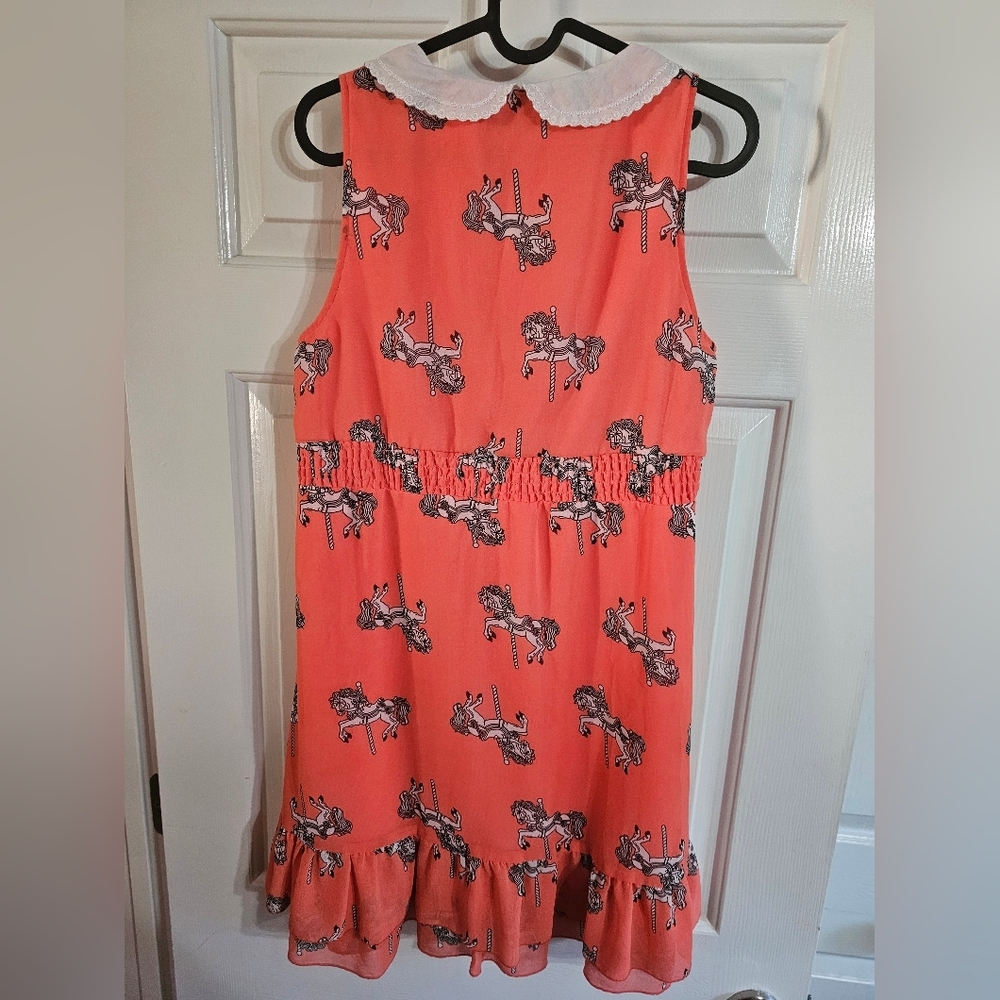 Sugarhill Boutique Dress Medium Coral Carousel Horse Peter Pan Collar Whimsical - Picture 3 of 6